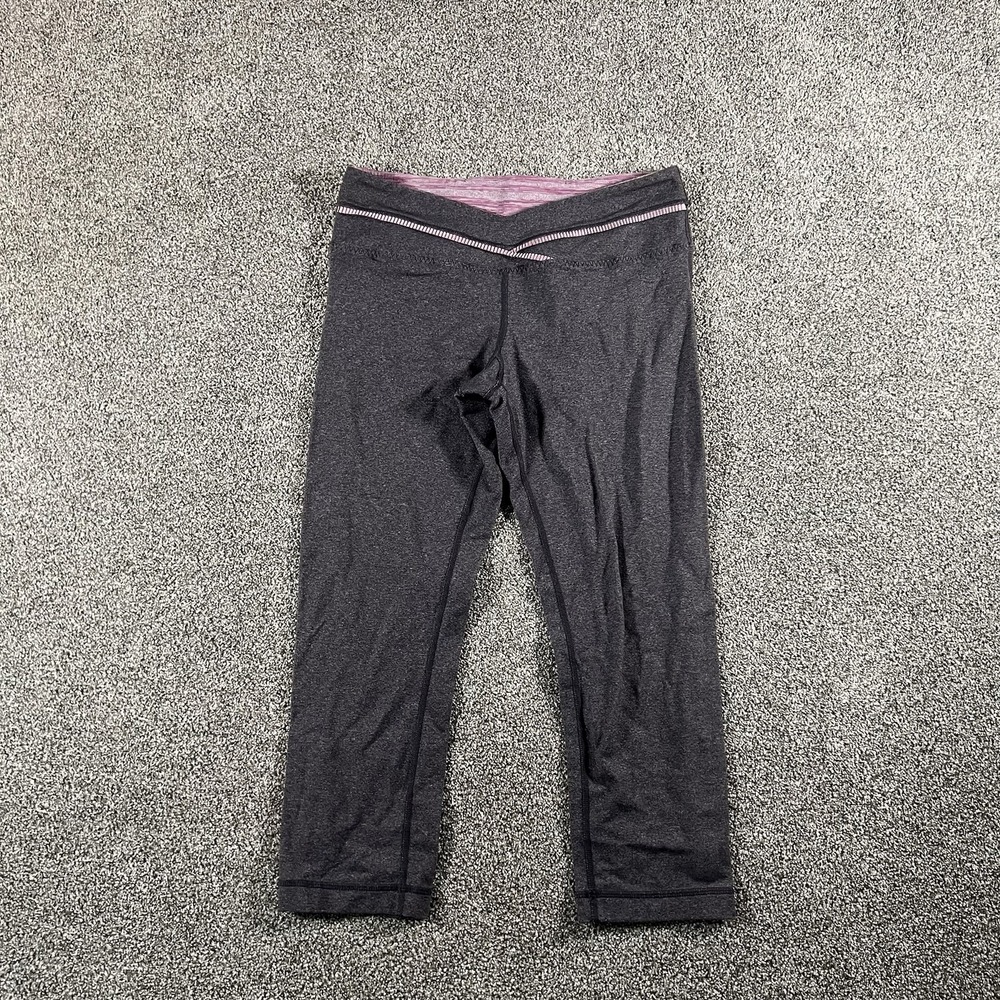 Lululemon Crop Leggings Gray Heather Pink Trim Yoga Athletic Pants Size 6